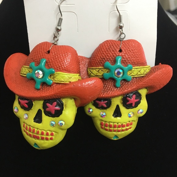 Earrings Skulls Western Cowboy Dia de los Muertos - Picture 1 of 2